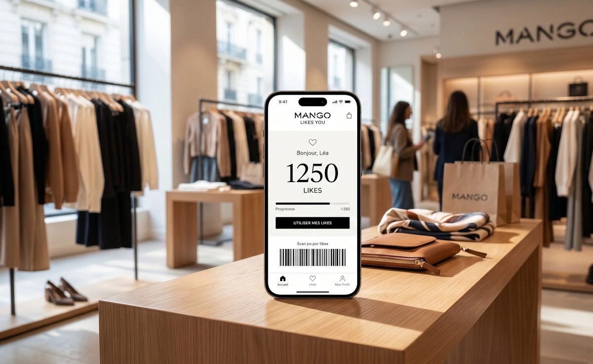 Smartphone affichant l'application du programme de fidélité Mango Likes You avec un solde de Likes, posé dans une boutique de vêtements.
