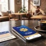Smartphone affichant l'application du programme de fidélité FDJ et Moi avec un solde de trèfles, posé sur une table de café.