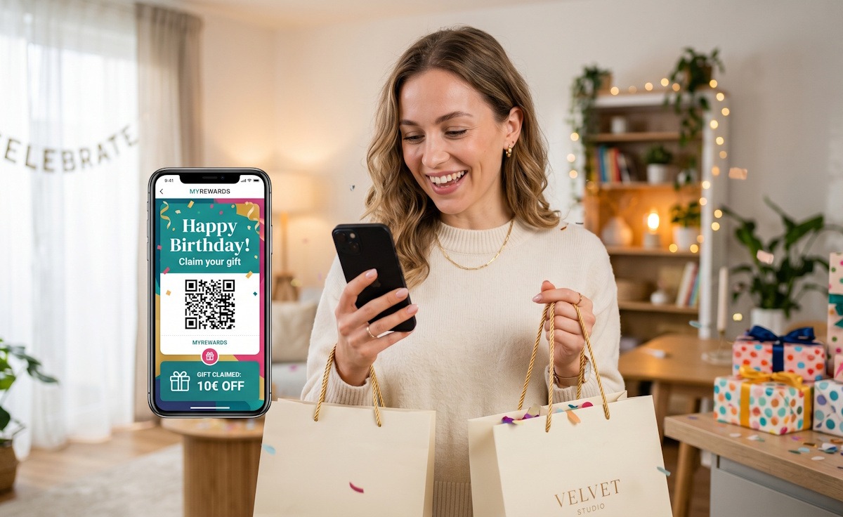 Personne recevant un cadeau d'anniversaire numérique sur son smartphone via une application de fidélité.