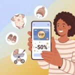 Parent utilisant l'application mobile Club Orchestra pour bénéficier de réductions sur des vêtements pour enfants.