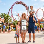 Famille utilisant le Pass Annuel numérique du Club PortAventura sur smartphone devant un grand huit rouge.