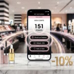 Visuel moderne du programme de fidélité numérique "MY SEPHORA" sur une coiffeuse. Un smartphone affiche 151 points et trois choix de récompenses en français : "Choisir un Cadeau", "Obtenir -10%", "Faire un Don". Des chemins lumineux relient les boutons à des produits de maquillage deluxe, un signe "-10%" doré, et un don caritatif, sur un fond de magasin Sephora.