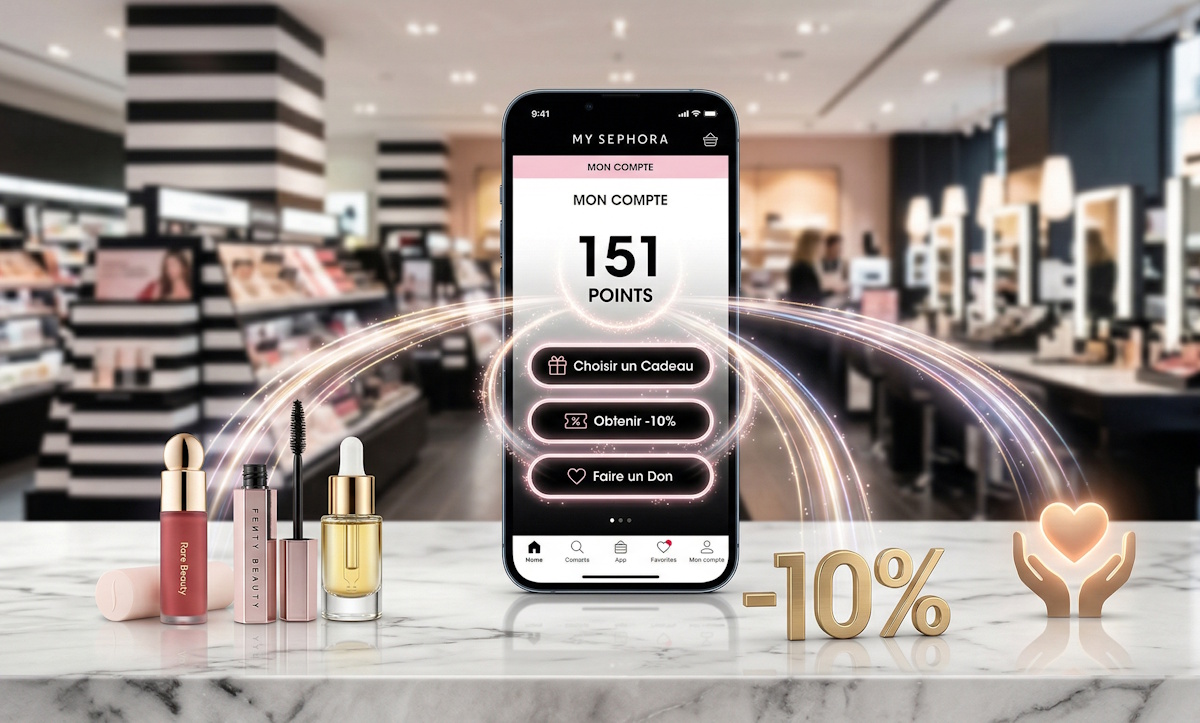 Visuel moderne du programme de fidélité numérique "MY SEPHORA" sur une coiffeuse. Un smartphone affiche 151 points et trois choix de récompenses en français : "Choisir un Cadeau", "Obtenir -10%", "Faire un Don". Des chemins lumineux relient les boutons à des produits de maquillage deluxe, un signe "-10%" doré, et un don caritatif, sur un fond de magasin Sephora.
