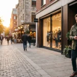 Homme utilisant son application de fidélité Jules Club devant un magasin de mode masculine.