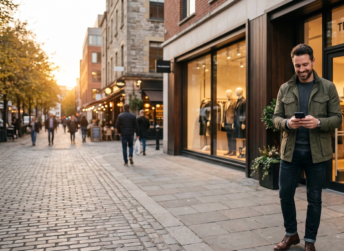 Homme utilisant son application de fidélité Jules Club devant un magasin de mode masculine.