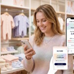 Jeune maman consultant le solde de son Livret Bébé sur l'application mobile Kiabi en magasin.