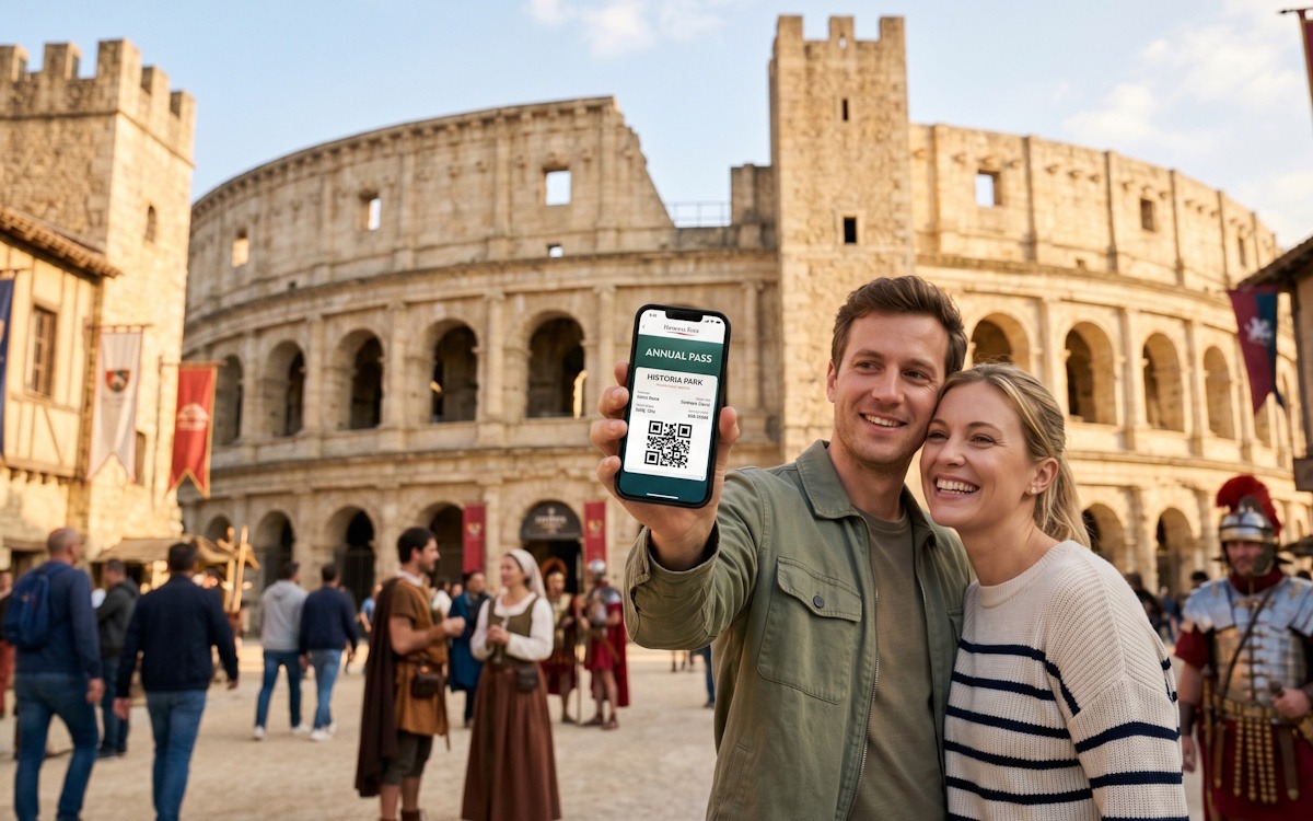 Visiteurs utilisant leur Pass Annuel dématérialisé sur smartphone devant l'arène du Puy du Fou.