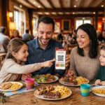 Famille souriante utilisant son application de fidélité sur smartphone à la fin de son repas dans un restaurant grill Courtepaille.