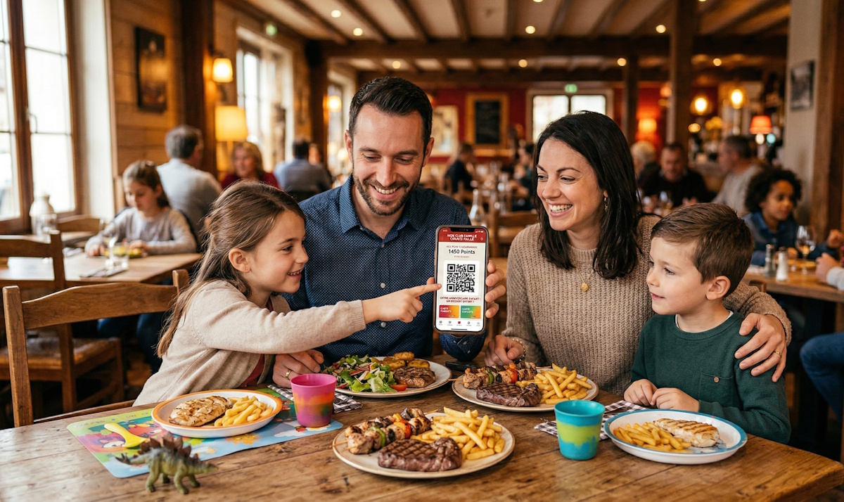 Famille souriante utilisant son application de fidélité sur smartphone à la fin de son repas dans un restaurant grill Courtepaille.
