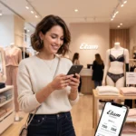 Cliente utilisant son application de fidélité Etam Connect en magasin pour consulter ses points