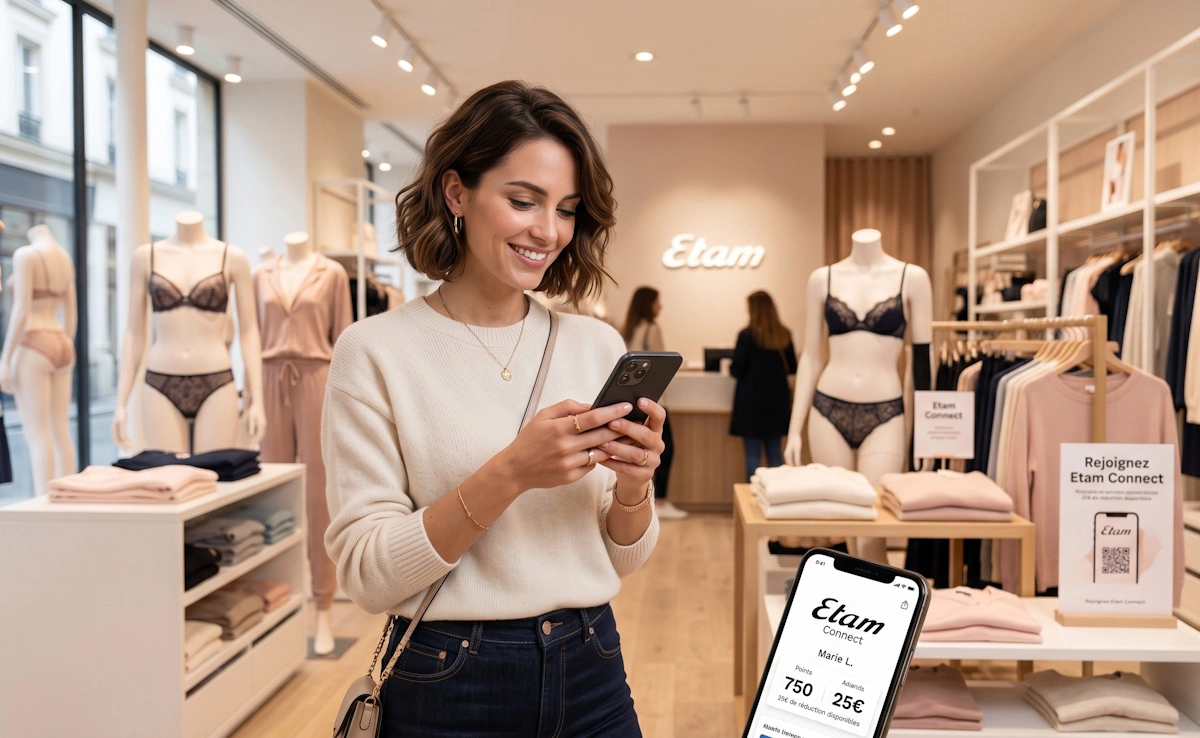 Cliente utilisant son application de fidélité Etam Connect en magasin pour consulter ses points
