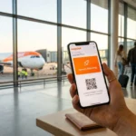 Voyageur utilisant son application mobile easyJet Plus pour accéder à l'embarquement prioritaire et voyager avec un grand bagage cabine.