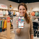 Une maman montrant l'application de son abonnement Club Orchestra sur son smartphone en magasin.