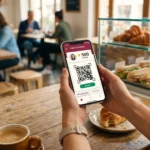 Client utilisant la carte de fidélité dématérialisée Brioche Dorée sur son smartphone dans une boulangerie de l'enseigne.