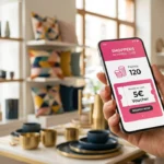 Smartphone affichant l'application de fidélité Centrakor & Moi dans un rayon de magasin de décoration.