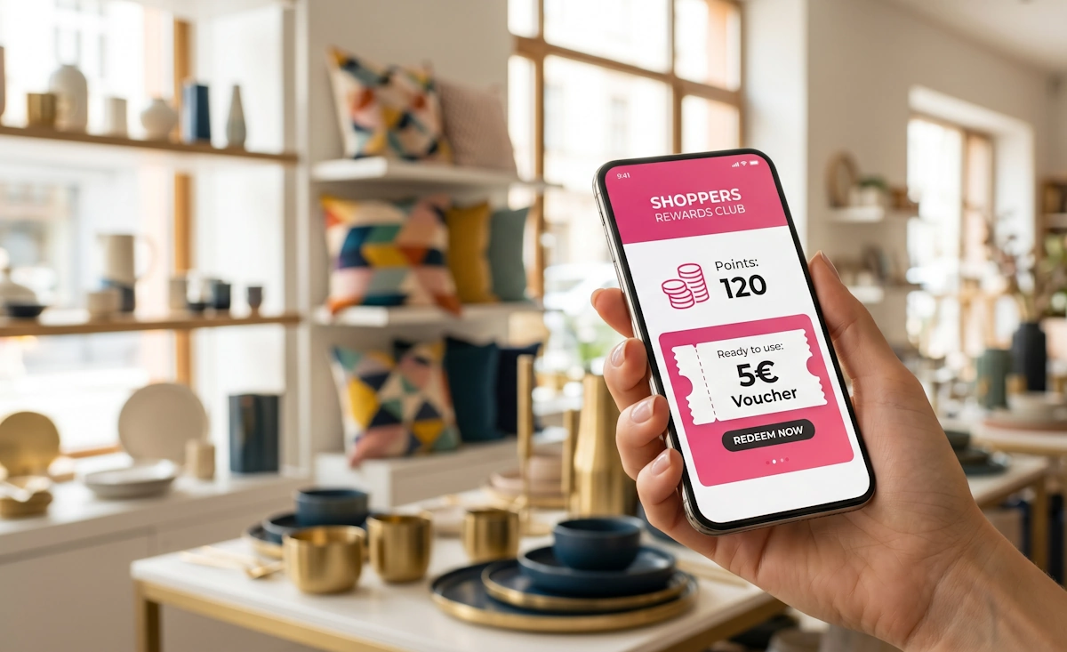 Smartphone affichant l'application de fidélité Centrakor & Moi dans un rayon de magasin de décoration.