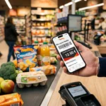 Client affichant l'application mobile Netto France en caisse pour scanner sa carte de fidélité digitale et cumuler des euros.