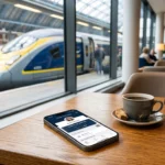 Smartphone affichant l'application Club Eurostar avec le statut Carte Blanche posé sur une table dans un salon lounge en gare.