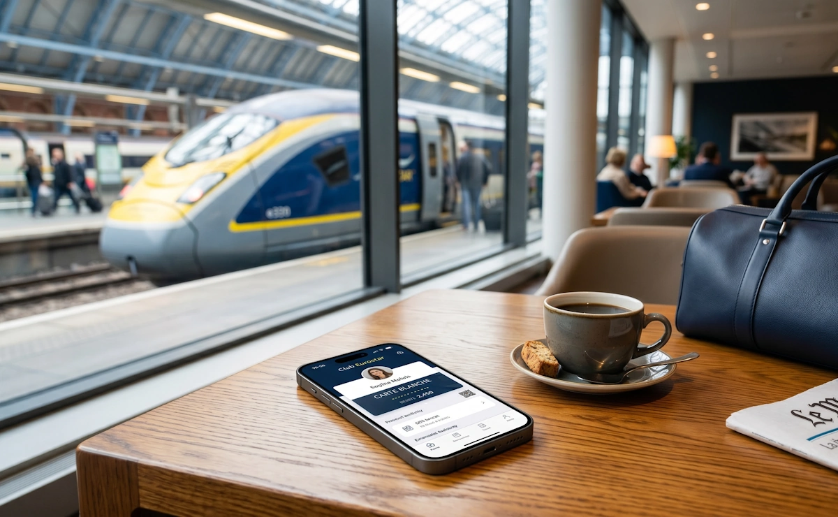 Smartphone affichant l'application Club Eurostar avec le statut Carte Blanche posé sur une table dans un salon lounge en gare.