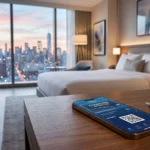 Smartphone affichant l'application Hilton Honors avec le statut Diamond dans une chambre d'hôtel élégante.