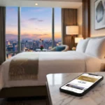 Smartphone affichant l'application Marriott Bonvoy sur une table de chevet dans une chambre d'hôtel de luxe.