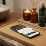 Smartphone affichant l'application My Rituals avec une notification de cadeau d'anniversaire posé à côté de produits cosmétiques Rituals.