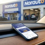 Smartphone affichant l'application de fidélité Norauto avec un bon d'achat de 6 euros devant un centre auto.