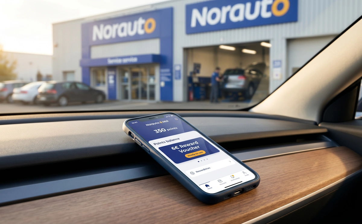 Smartphone affichant l'application de fidélité Norauto avec un bon d'achat de 6 euros devant un centre auto.
