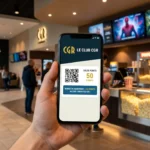 Client utilisant son smartphone pour présenter sa carte de fidélité virtuelle Le Club CGR au comptoir d'un cinéma.