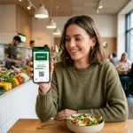 Une cliente affichant son application de fidélité Eat Salad sur son smartphone dans un restaurant healthy.