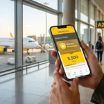 Un voyageur membre Premium consulte son solde d'Avios sur l'application mobile Vueling Club à l'aéroport.