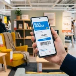 Client utilisant son smartphone pour consulter ses points sur l'application IKEA Family dans un magasin d'ameublement.