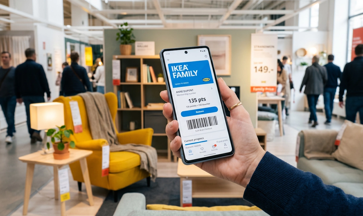 Client utilisant son smartphone pour consulter ses points sur l'application IKEA Family dans un magasin d'ameublement.