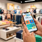 Client consultant son solde de points et ses récompenses sur l'application du programme de fidélité Gémo G'M en magasin.