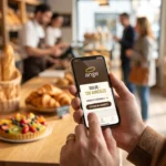 Client utilisant l'application de fidélité Boulangerie Ange pour payer ses baguettes et viennoiseries en magasin.