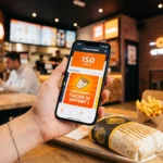 Client scannant son application de fidélité O'Tacos sur son smartphone pour obtenir un tacos gratuit en restaurant.