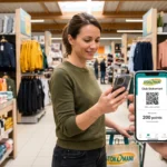 Smartphone affichant la carte de fidélité numérique Stokomani dans un magasin de déstockage