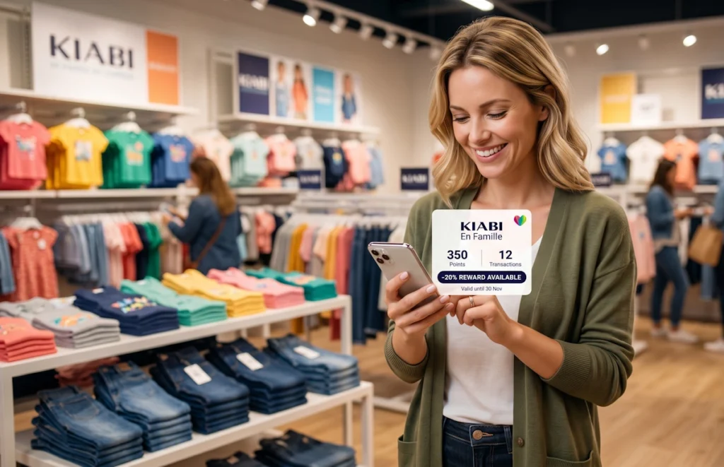 Une cliente consultant son solde de points sur l'application fidélité Kiabi En Famille dans un magasin de vêtements.