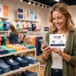 Une cliente consultant son solde de points sur l'application fidélité Kiabi En Famille dans un magasin de vêtements.