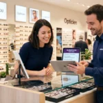 Opticien présentant les avantages du dossier client et les offres fidélité à une personne en magasin