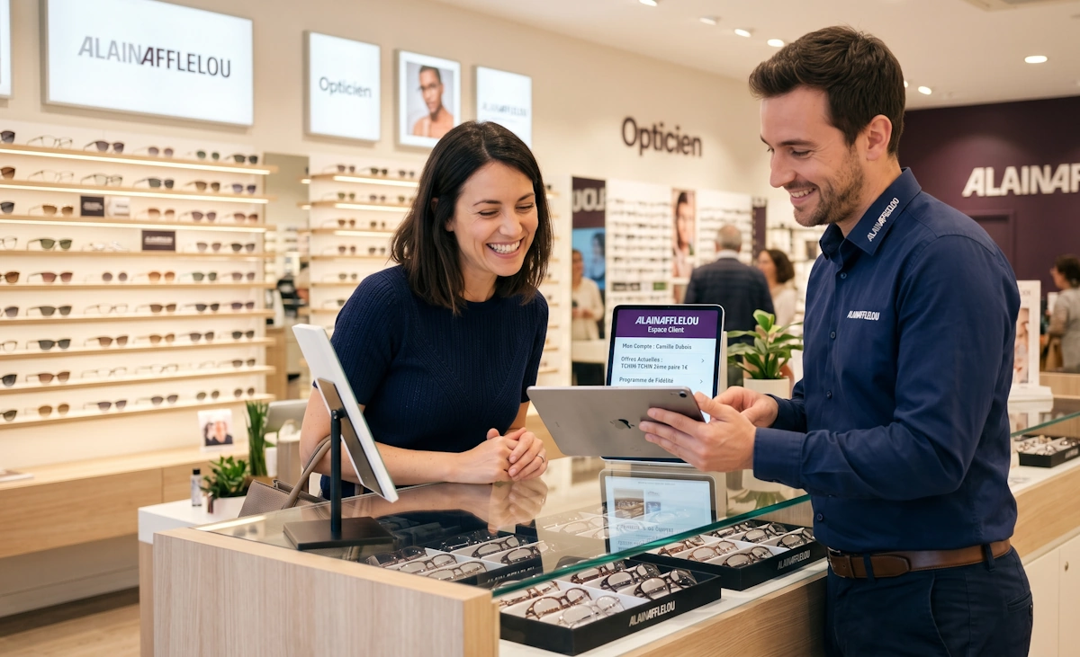 Opticien présentant les avantages du dossier client et les offres fidélité à une personne en magasin