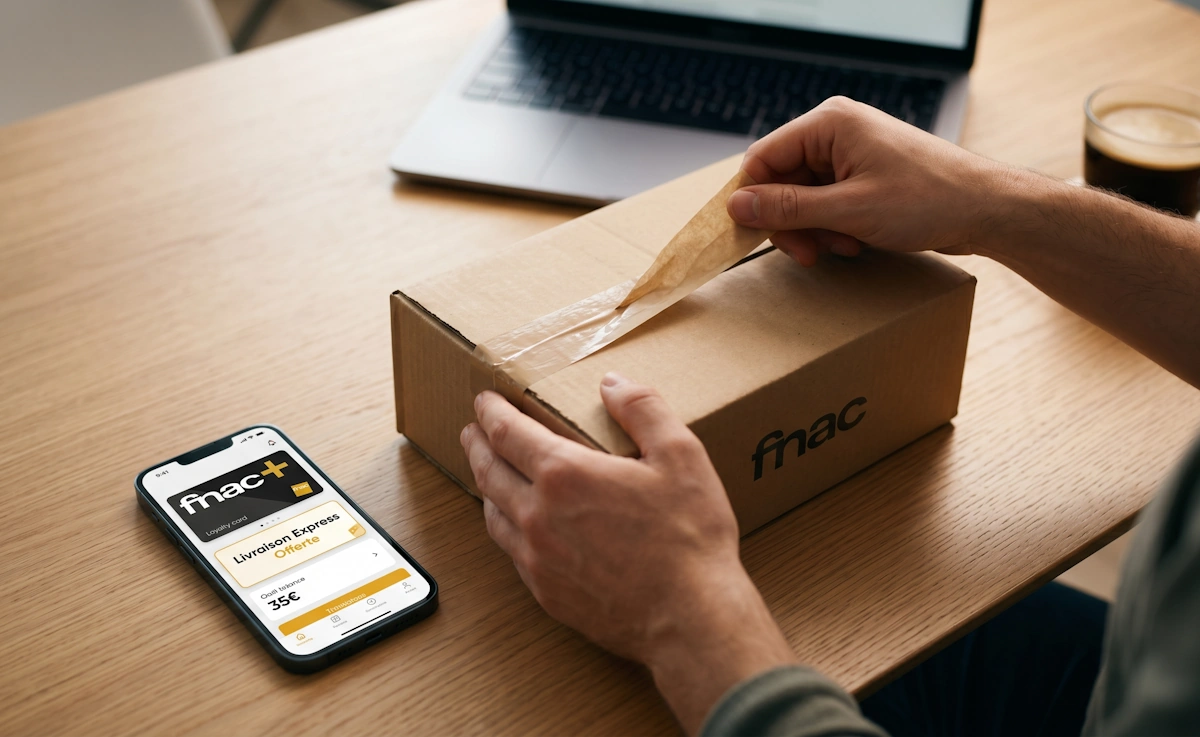 Réception d'une livraison express gratuite Fnac grâce à l'abonnement numérique de la carte Fnac+ affiché sur un smartphone.