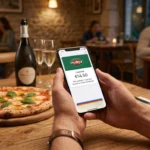 Client utilisant l'application Del Arte sur son smartphone pour consulter sa cagnotte en euros dans un restaurant italien.