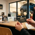 Un client présentant sa Carte Privilège Midas à l'accueil d'un centre auto pour bénéficier de ses avantages.