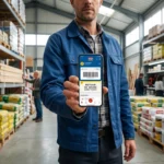 Client utilisant la carte de fidélité numérique Brico Dépôt sur son smartphone dans un rayon du magasin