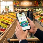 Client utilisant l'application de fidélité Supermarchés Match sur son smartphone pour consulter le solde de sa cagnotte en euros.