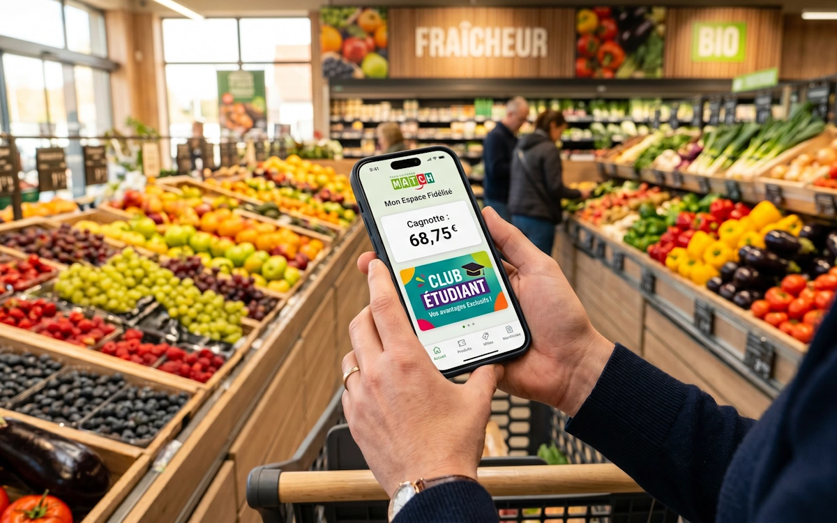 Client utilisant l'application de fidélité Supermarchés Match sur son smartphone pour consulter le solde de sa cagnotte en euros.