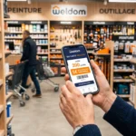Client en magasin de bricolage consultant son solde de points et ses avantages sur l'application du programme de fidélité Weldom.