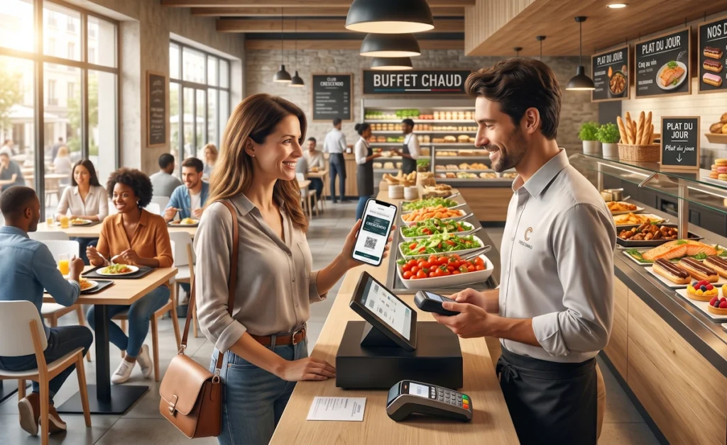 Une cliente présente sa carte de fidélité Crescendo virtuelle sur son smartphone à la caisse du restaurant.
