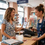 Une cliente souriante présente sa carte de fidélité numérique Mondial Tissus sur son smartphone lors d'un achat de tissu en magasin.
